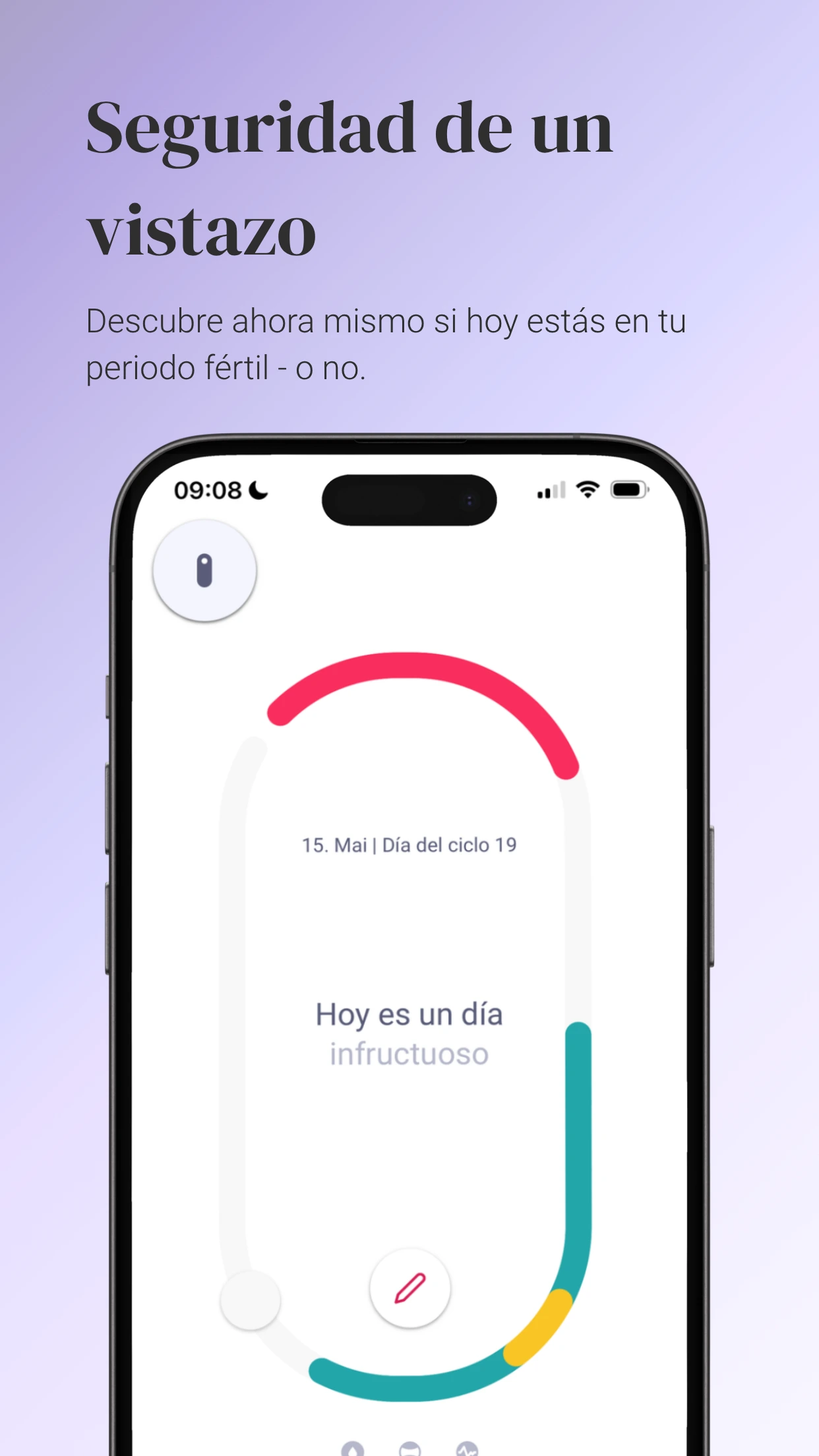 Infografía con el título «Seguridad de un vistazo». En un smartphone se muestra la aplicación Trackle con el estado actualizado a día de hoy «Hoy es un día infértil» en un resumen circular del ciclo.