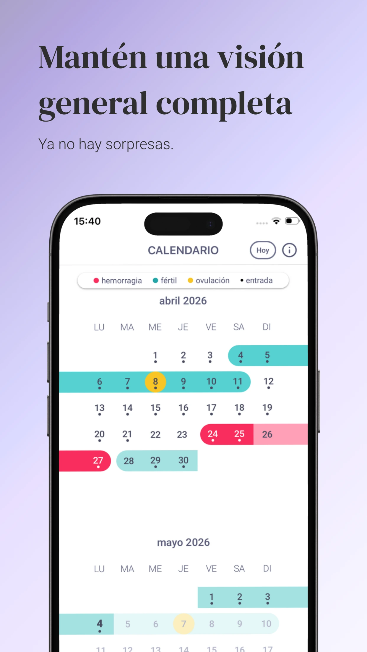Infografía con el título «Manten una visión general completa». En ella se muestra un smartphone con el calendario menstrual de trackle para julio y agosto de 2025, en el que los días fértiles, la menstruación y la ovulación están marcados con diferentes colores.