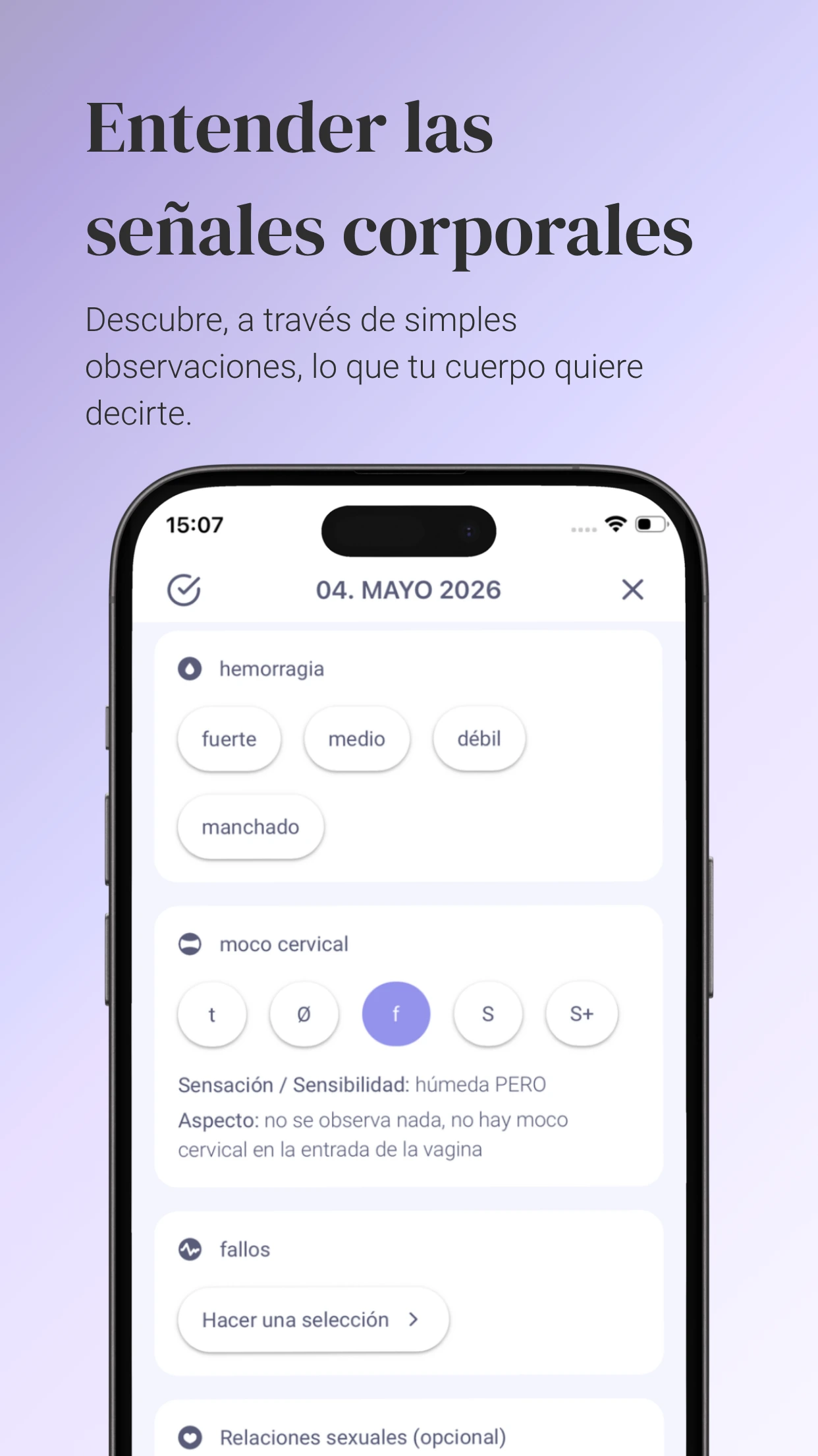 Infografía titulada «Entender las señales corporales». La captura de pantalla de la aplicación muestra los formularios de introducción de datos correspondientes al 12 de marzo de 2026, en los que la usuaria puede indicar la intensidad del sangrado, las características del moco cervical y cualquier anomalía.