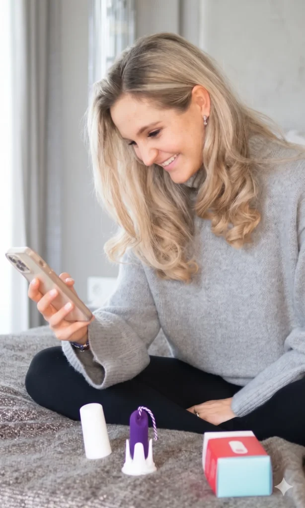 Una joven rubia y sonriente está sentada cómodamente en una cama y sostiene su smartphone en la mano. Delante de ella, sobre la manta, se ven el sensor trackle en su estuche morado y el embalaje correspondiente. La imagen ilustra la sencilla sincronización de datos entre el sensor de temperatura basal y la aplicación del smartphone.