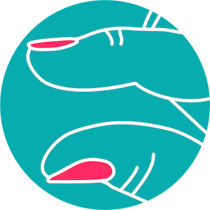 Una ilustración circular sobre un fondo turquesa. Muestra dos dedos (el pulgar y el índice) con las uñas de color rosa, entre los cuales no se aprecia moco cervical. La imagen simboliza la sensación de sequedad en la fase 1 tras la menstruación o en la fase 4 tras la ovulación.