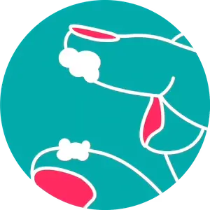 Una ilustración circular sobre un fondo turquesa. En las yemas de los dedos se adhieren partículas de moco blanco, grumosas y espesas. La imagen ilustra una textura típica del moco cervical en la fase folicular, que se percibe como viscoso o grumoso.